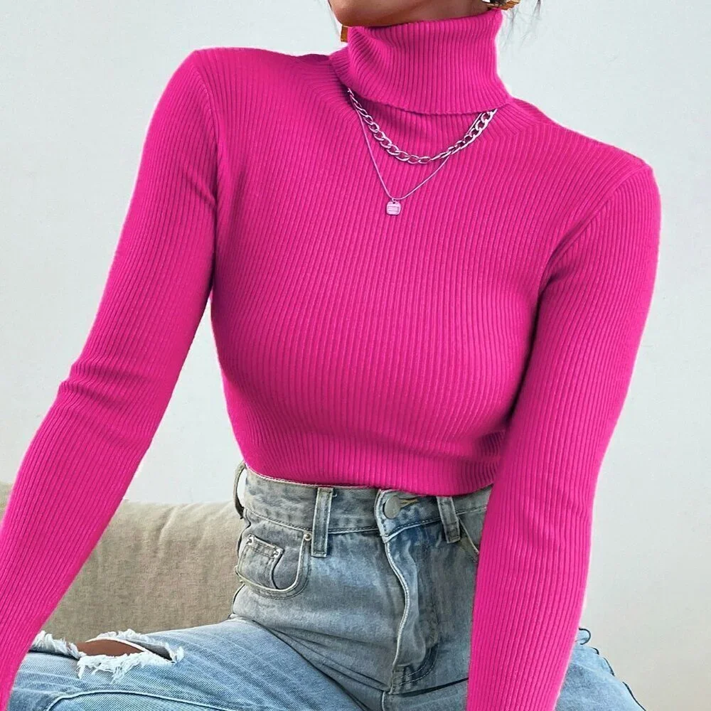 Hot Pink Casual Women's Turtleneck Ribbed Knit Long Sleeve Pullover Sweater